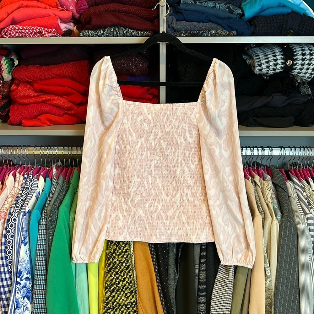 Halogen pink/white print long sleeve square neck blouse size M